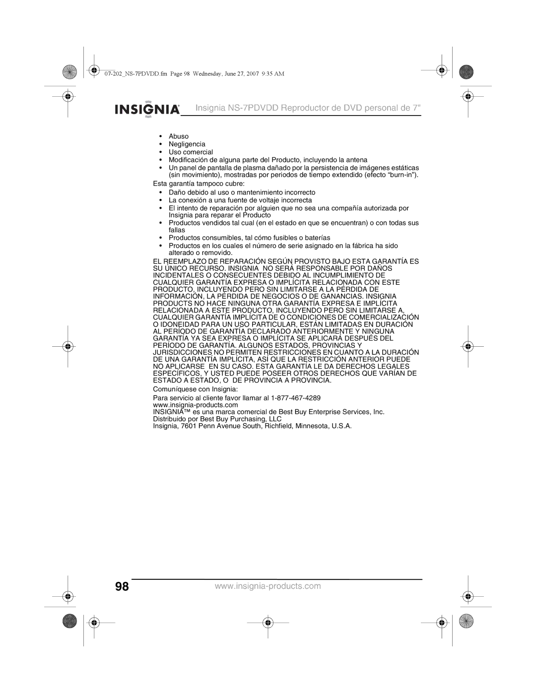 Insignia manual 07-202NS-7PDVDD.fm Page 98 Wednesday, June 27, 2007 935 AM 