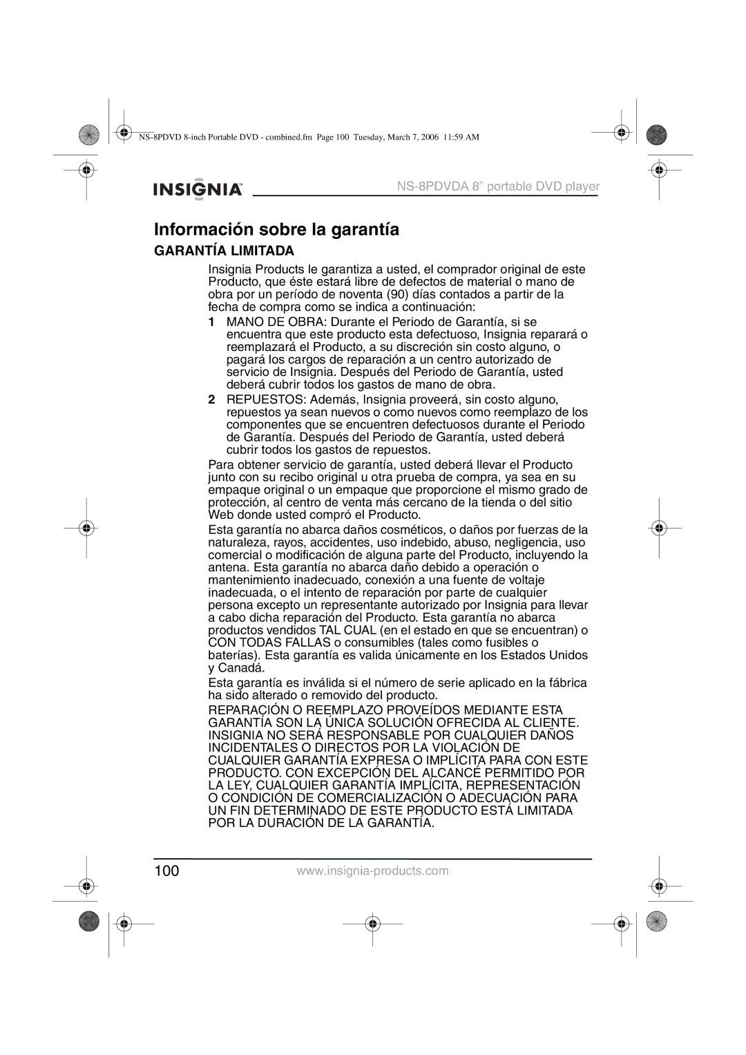 Insignia NS-8PDVDA manual Información sobre la garantía, Garantía Limitada 