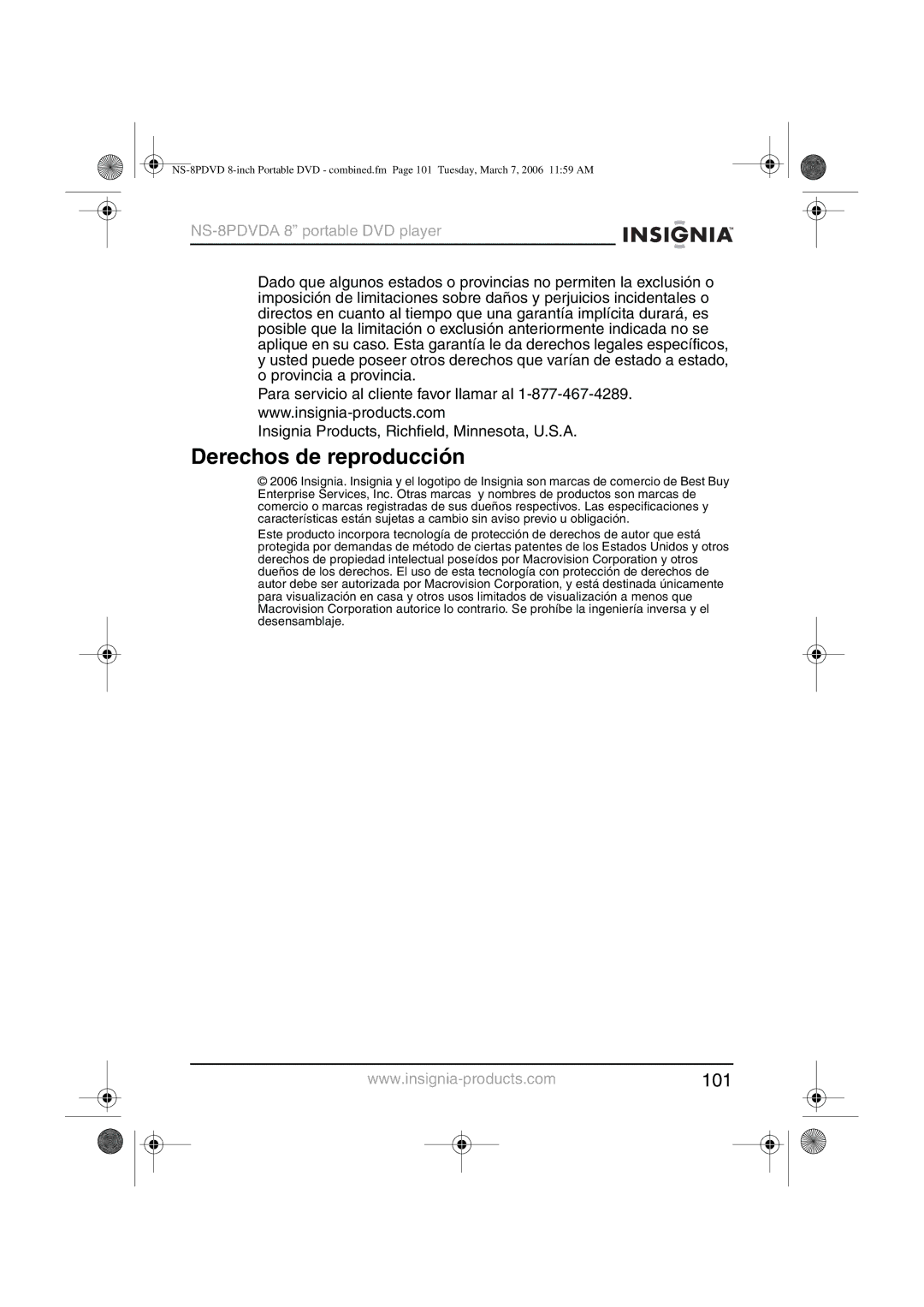 Insignia NS-8PDVDA manual Derechos de reproducción, 101 