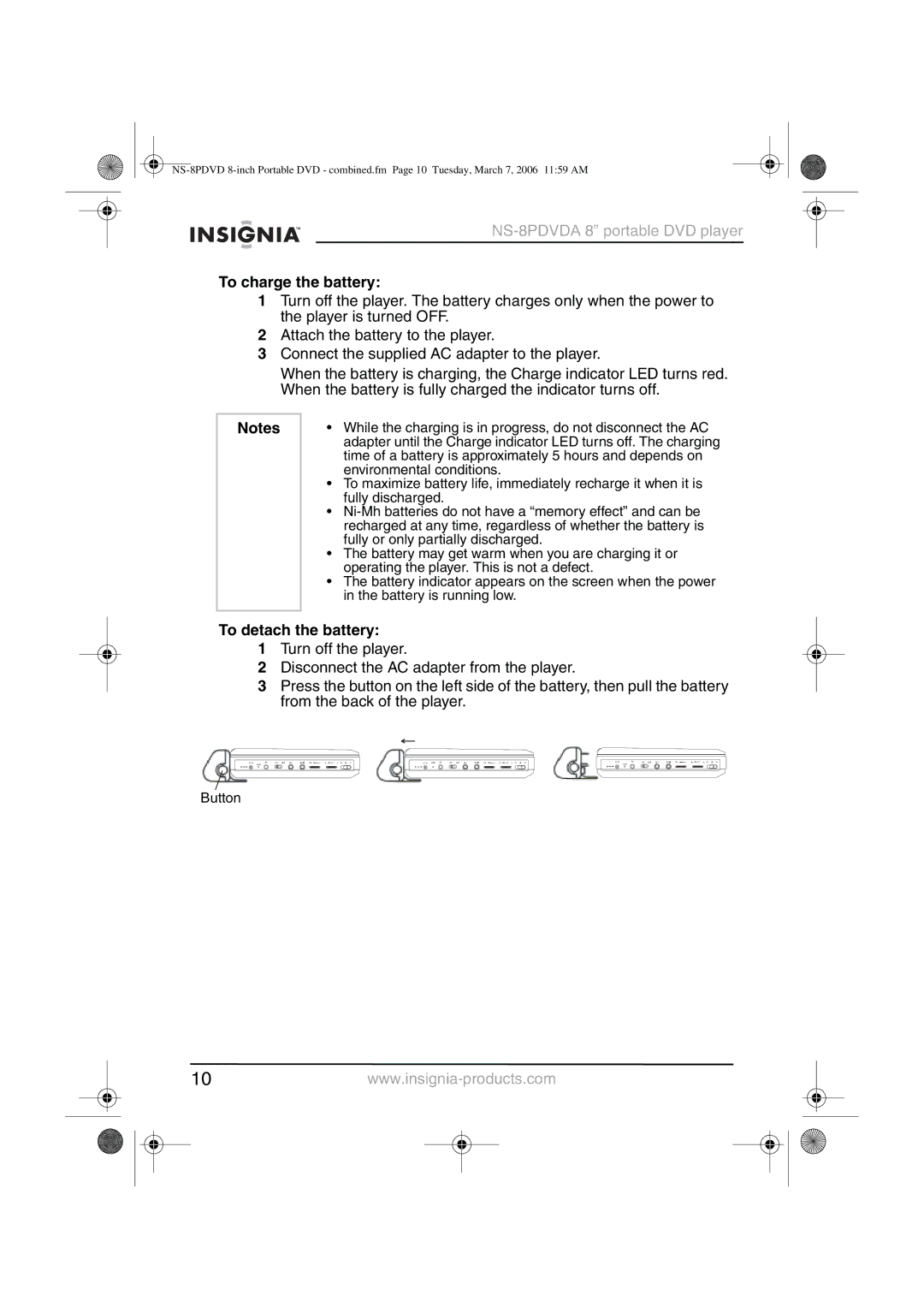 Insignia NS-8PDVDA manual To charge the battery, To detach the battery 