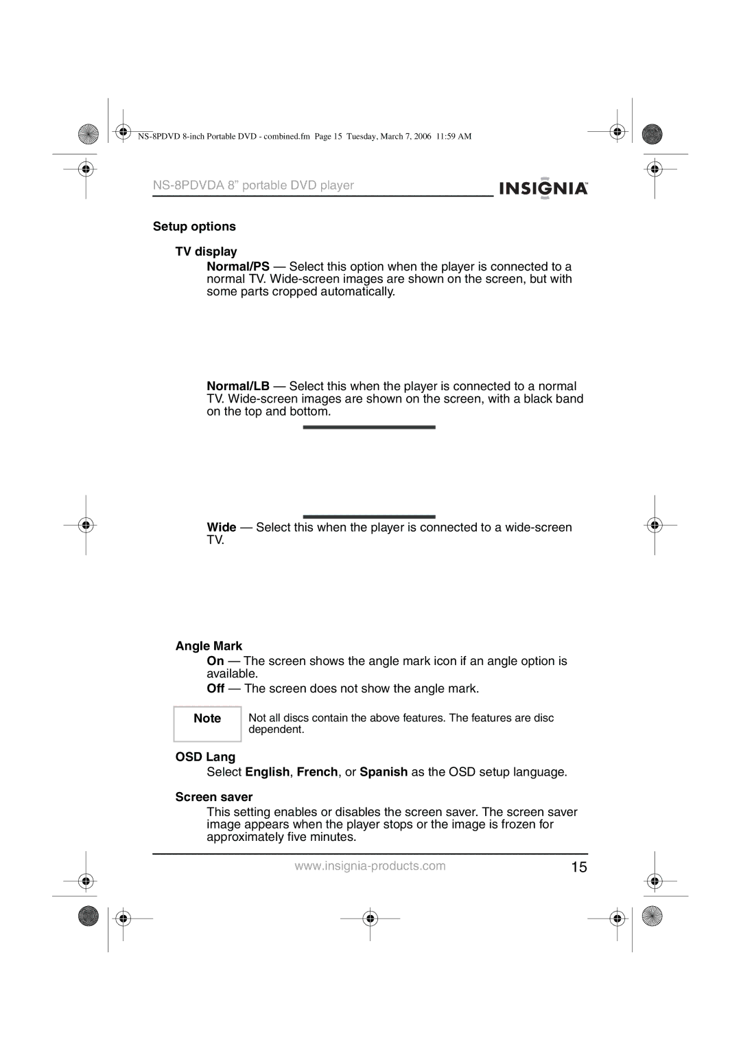 Insignia NS-8PDVDA manual Setup options TV display, Angle Mark, OSD Lang, Screen saver 