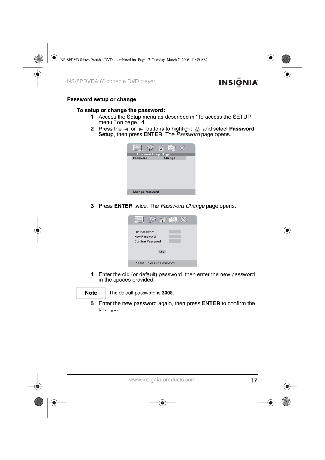 Insignia NS-8PDVDA manual Password setup or change To setup or change the password 