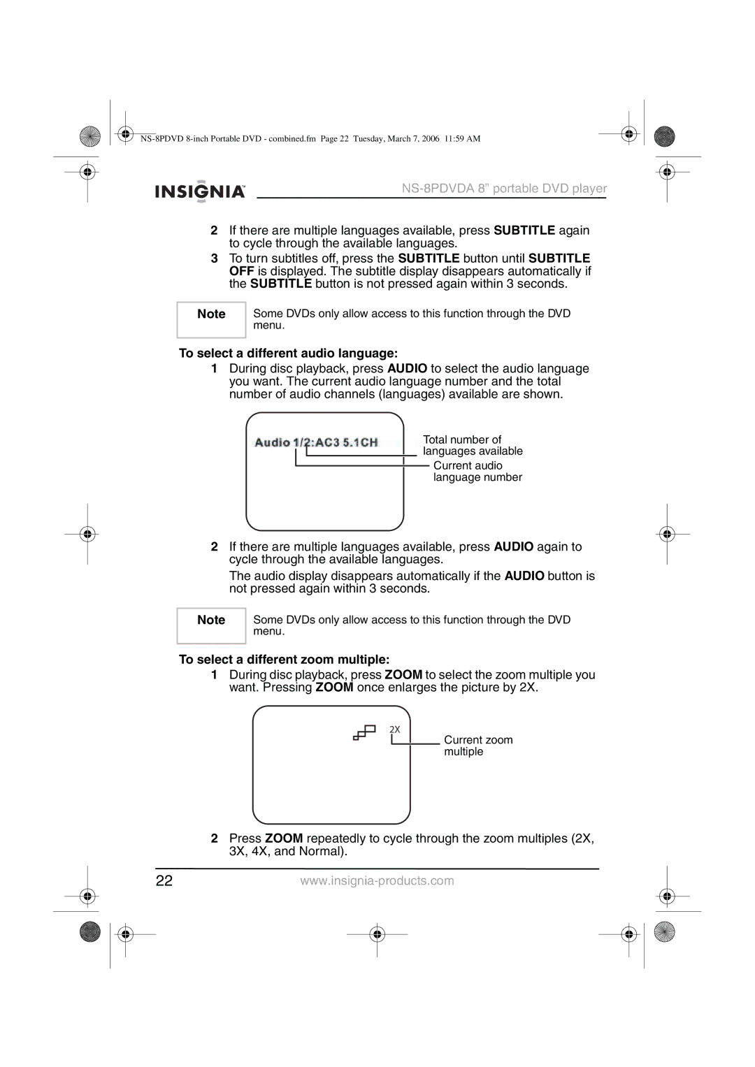 Insignia NS-8PDVDA manual To select a different audio language, To select a different zoom multiple 