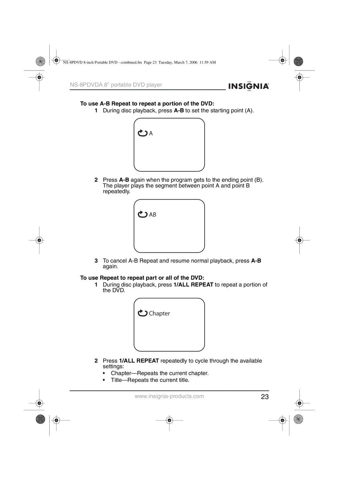 Insignia NS-8PDVDA manual To use A-B Repeat to repeat a portion of the DVD, To use Repeat to repeat part or all of the DVD 