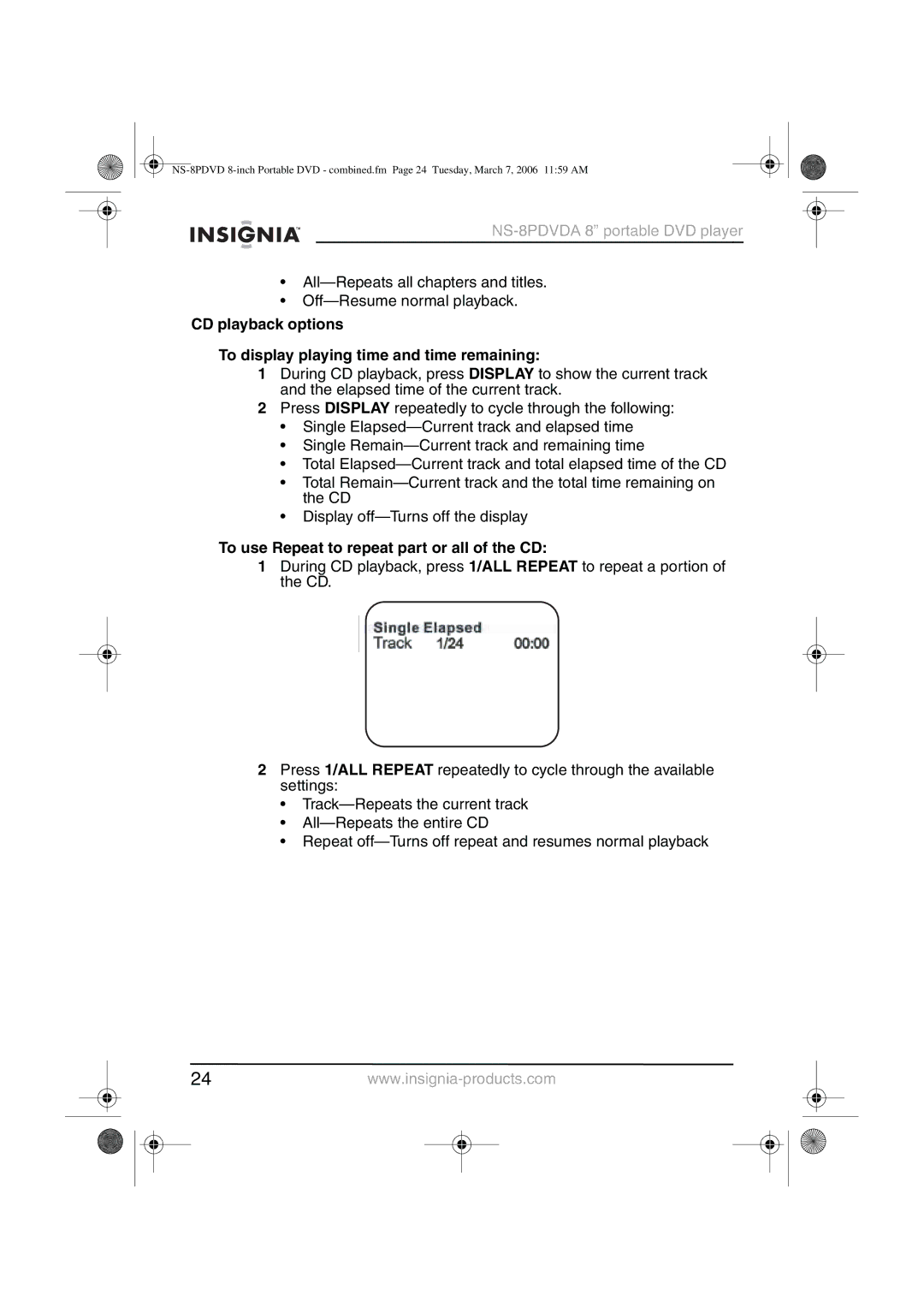 Insignia NS-8PDVDA manual To use Repeat to repeat part or all of the CD 