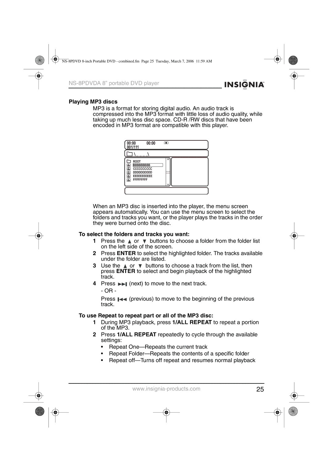 Insignia NS-8PDVDA manual Playing MP3 discs, To select the folders and tracks you want 