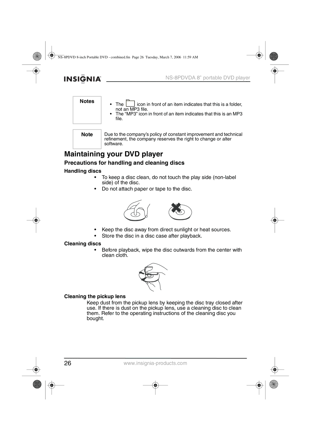 Insignia NS-8PDVDA manual Maintaining your DVD player, Precautions for handling and cleaning discs, Handling discs 