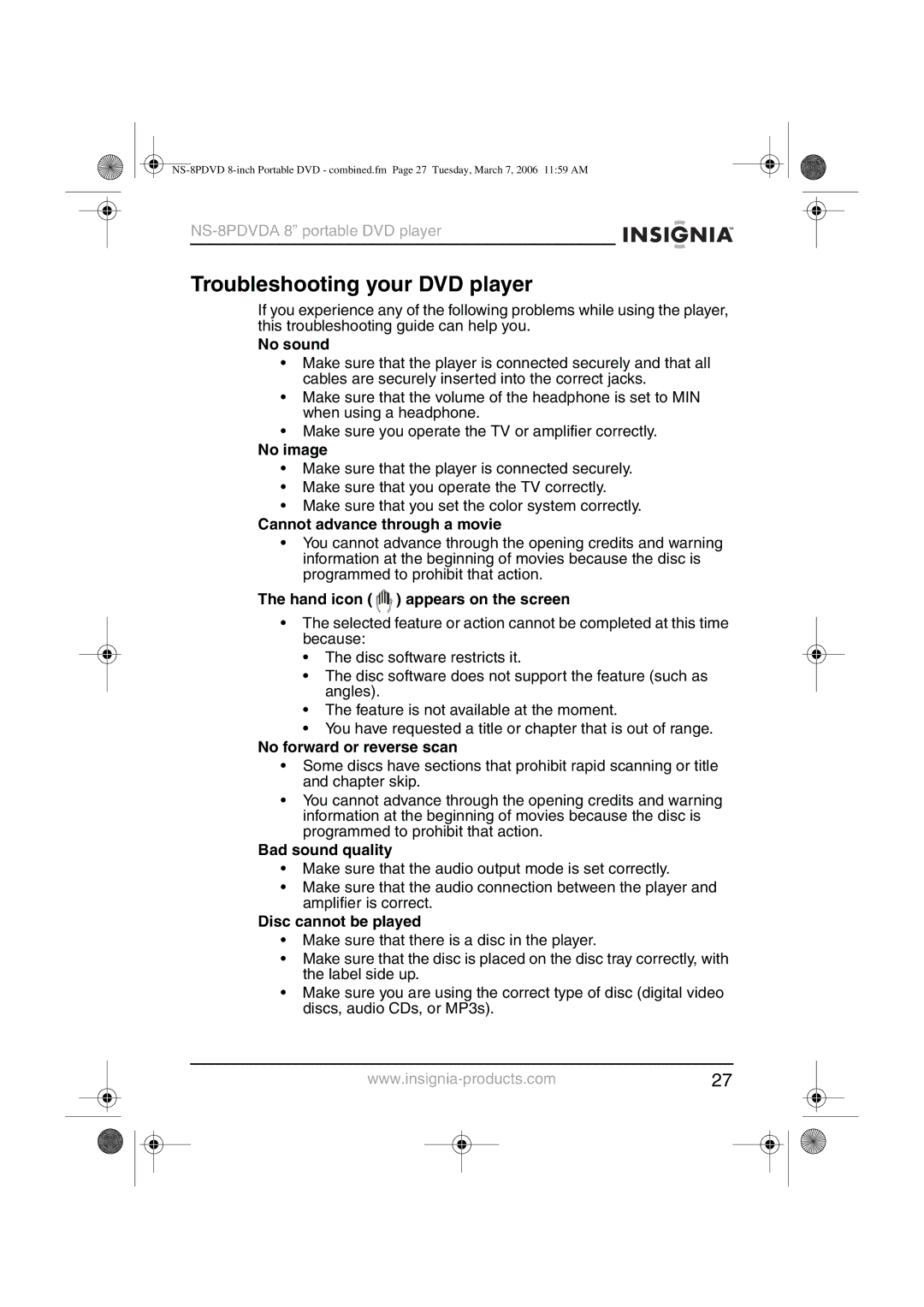 Insignia NS-8PDVDA manual Troubleshooting your DVD player 