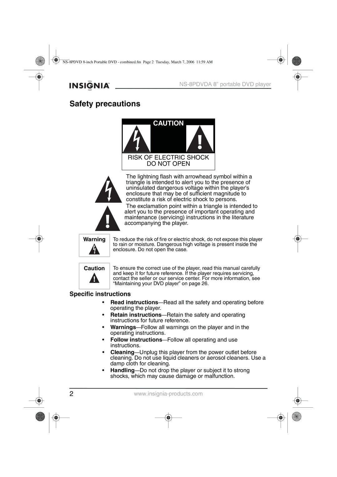 Insignia NS-8PDVDA manual Safety precautions, Specific instructions 