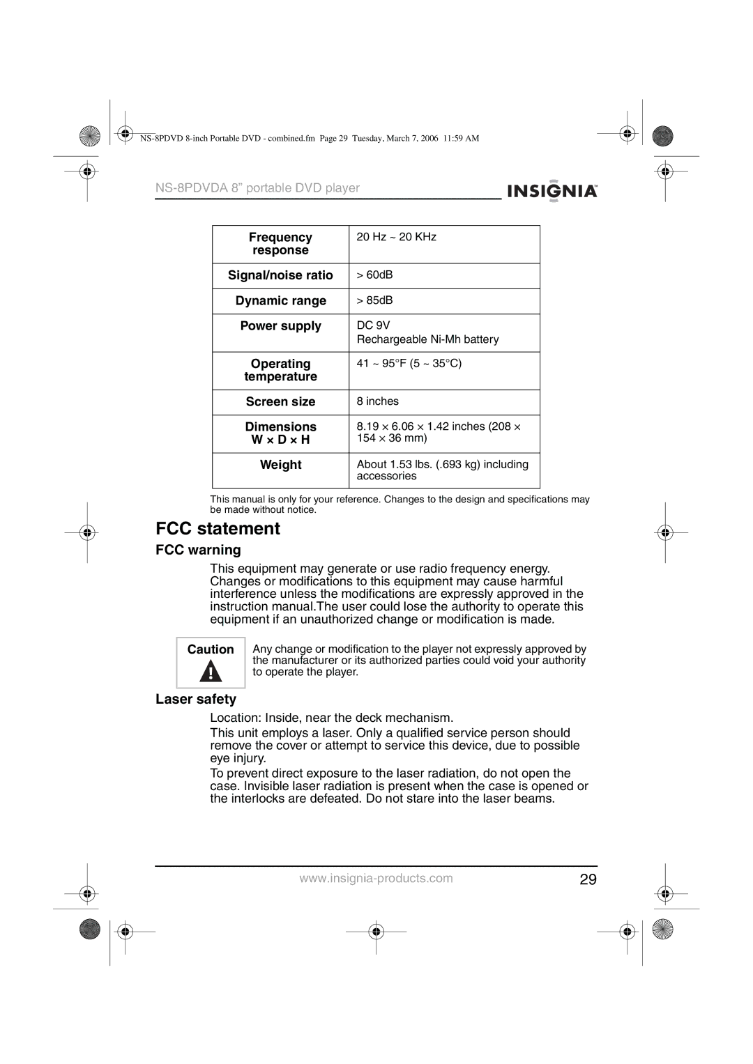 Insignia NS-8PDVDA manual FCC statement, FCC warning, Laser safety 