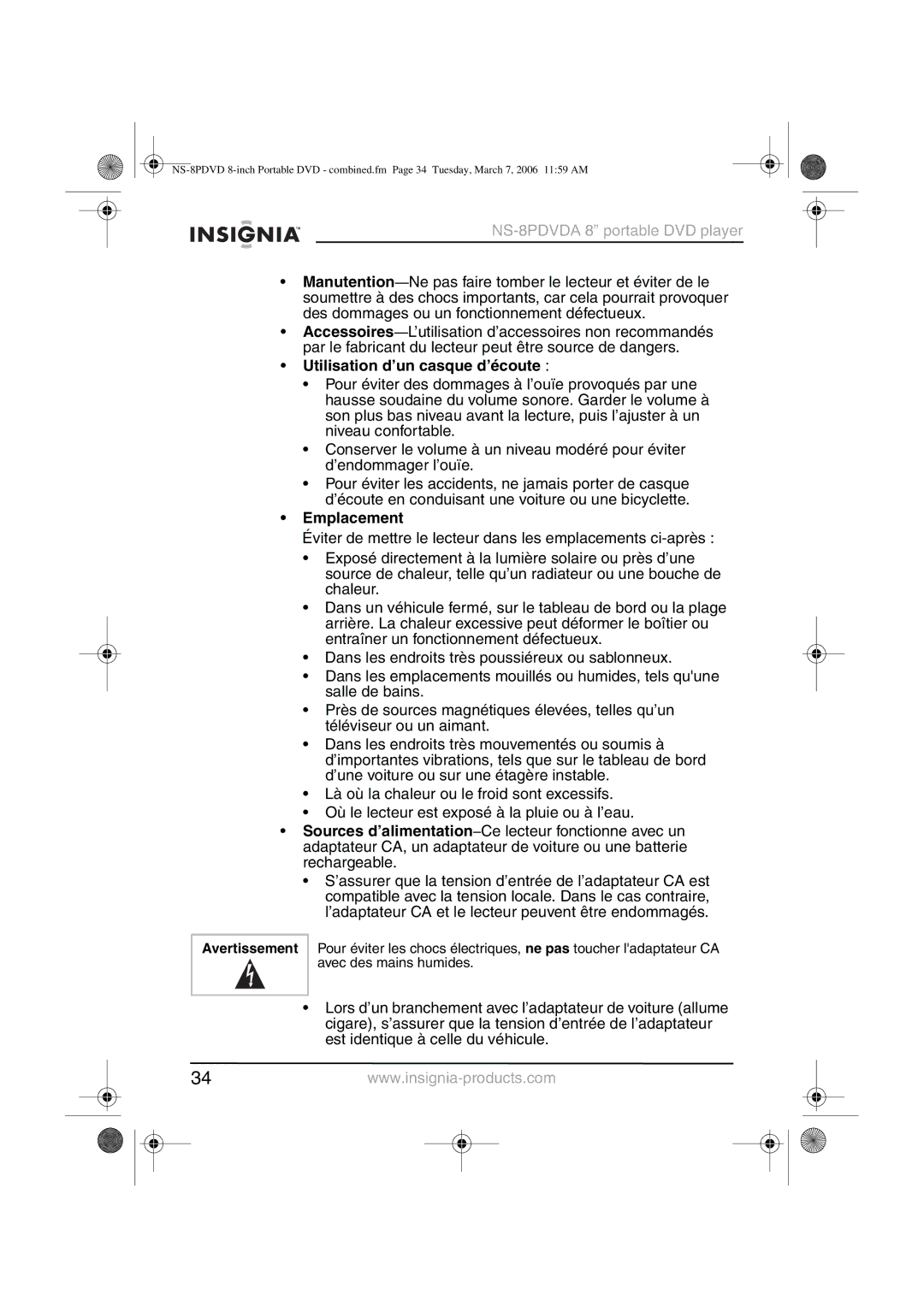 Insignia NS-8PDVDA manual Utilisation d’un casque d’écoute, Emplacement, Avertissement 