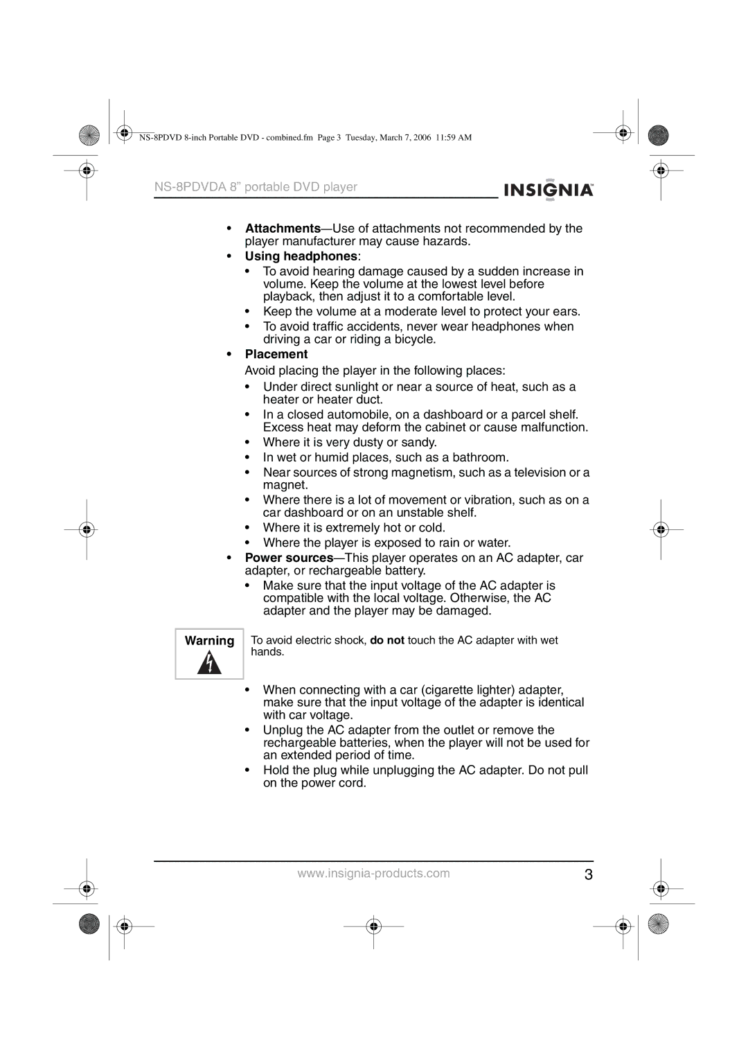 Insignia NS-8PDVDA manual Using headphones, Placement 