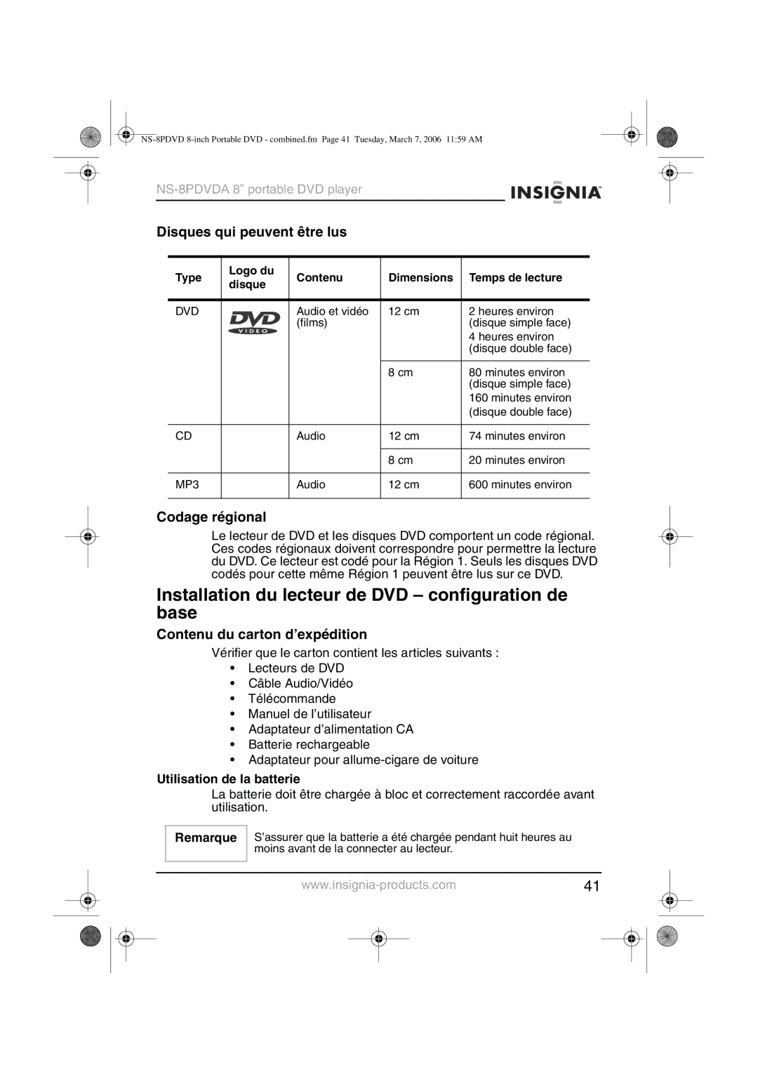 Insignia NS-8PDVDA Installation du lecteur de DVD configuration de base, Disques qui peuvent être lus, Codage régional 