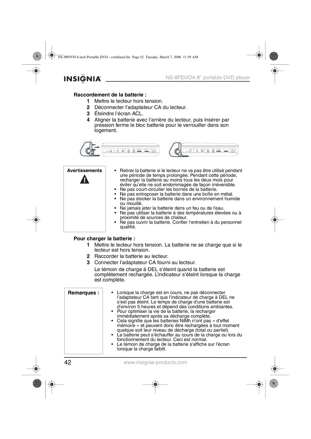 Insignia NS-8PDVDA manual Raccordement de la batterie, Pour charger la batterie, Remarques, Avertissements 