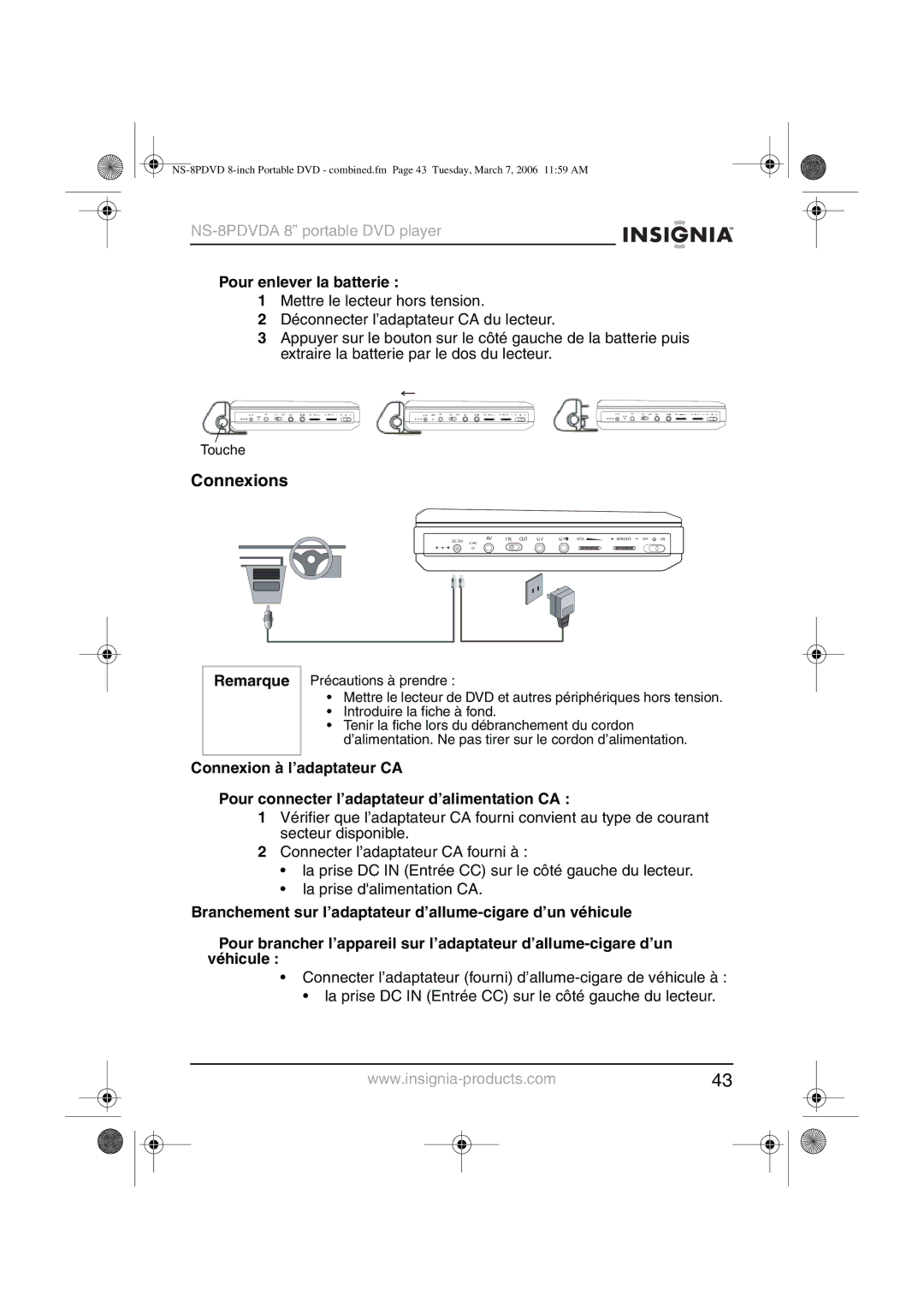 Insignia NS-8PDVDA manual Connexions, Pour enlever la batterie 