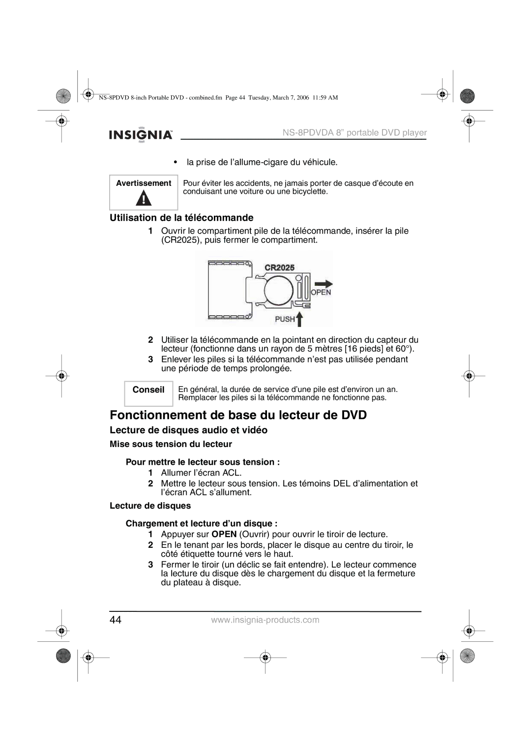 Insignia NS-8PDVDA manual Fonctionnement de base du lecteur de DVD, Utilisation de la télécommande, Conseil 