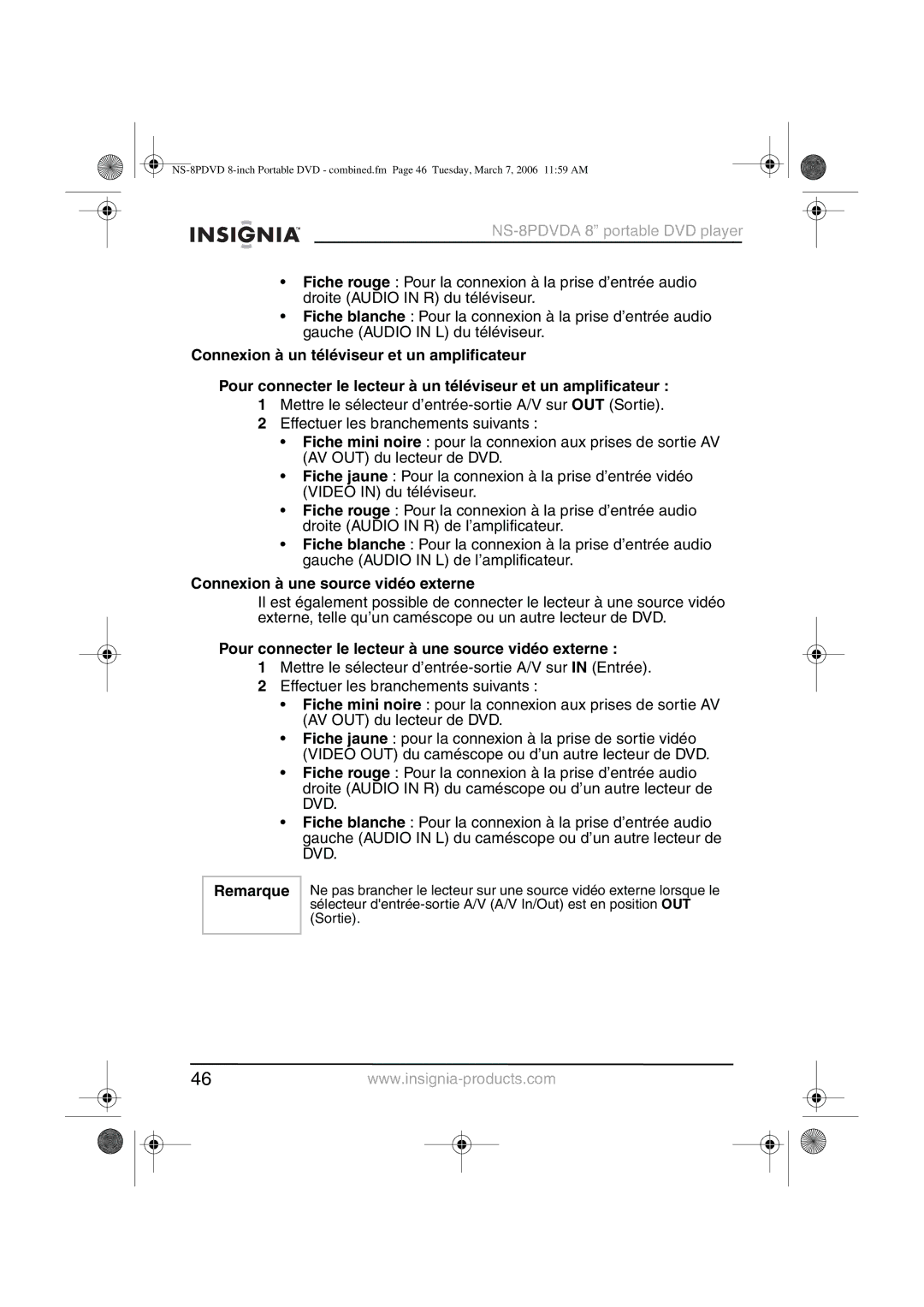 Insignia NS-8PDVDA manual Connexion à une source vidéo externe, Pour connecter le lecteur à une source vidéo externe 