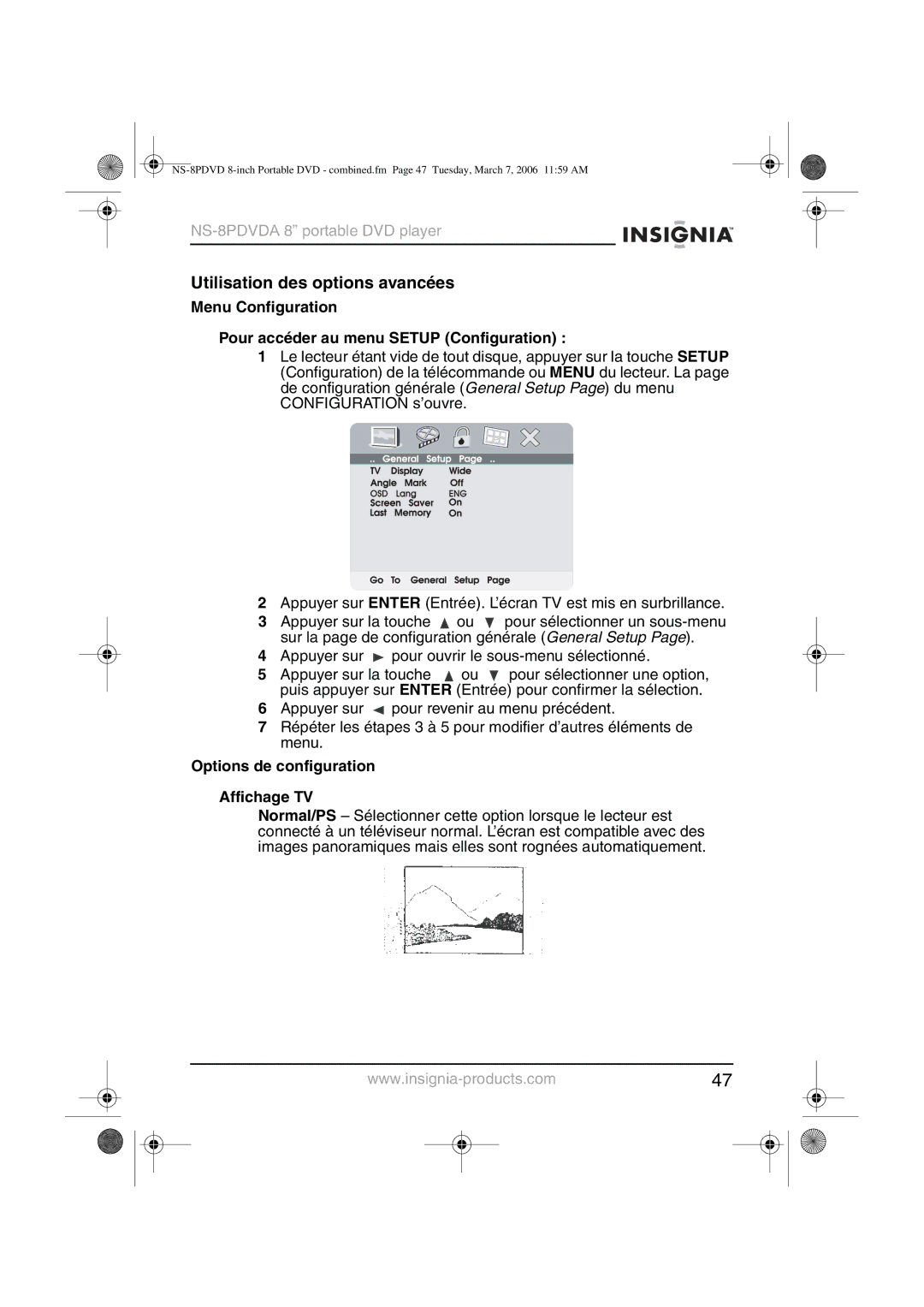 Insignia NS-8PDVDA manual Utilisation des options avancées, Menu Configuration Pour accéder au menu Setup Configuration 