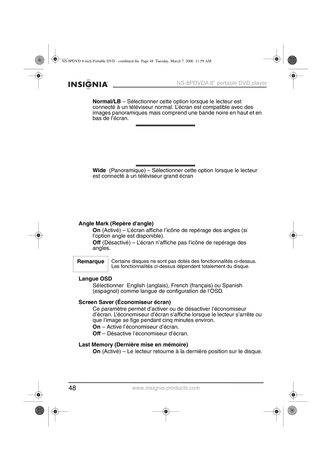 Insignia NS-8PDVDA manual Angle Mark Repère dangle, Langue OSD, Screen Saver Économiseur écran 