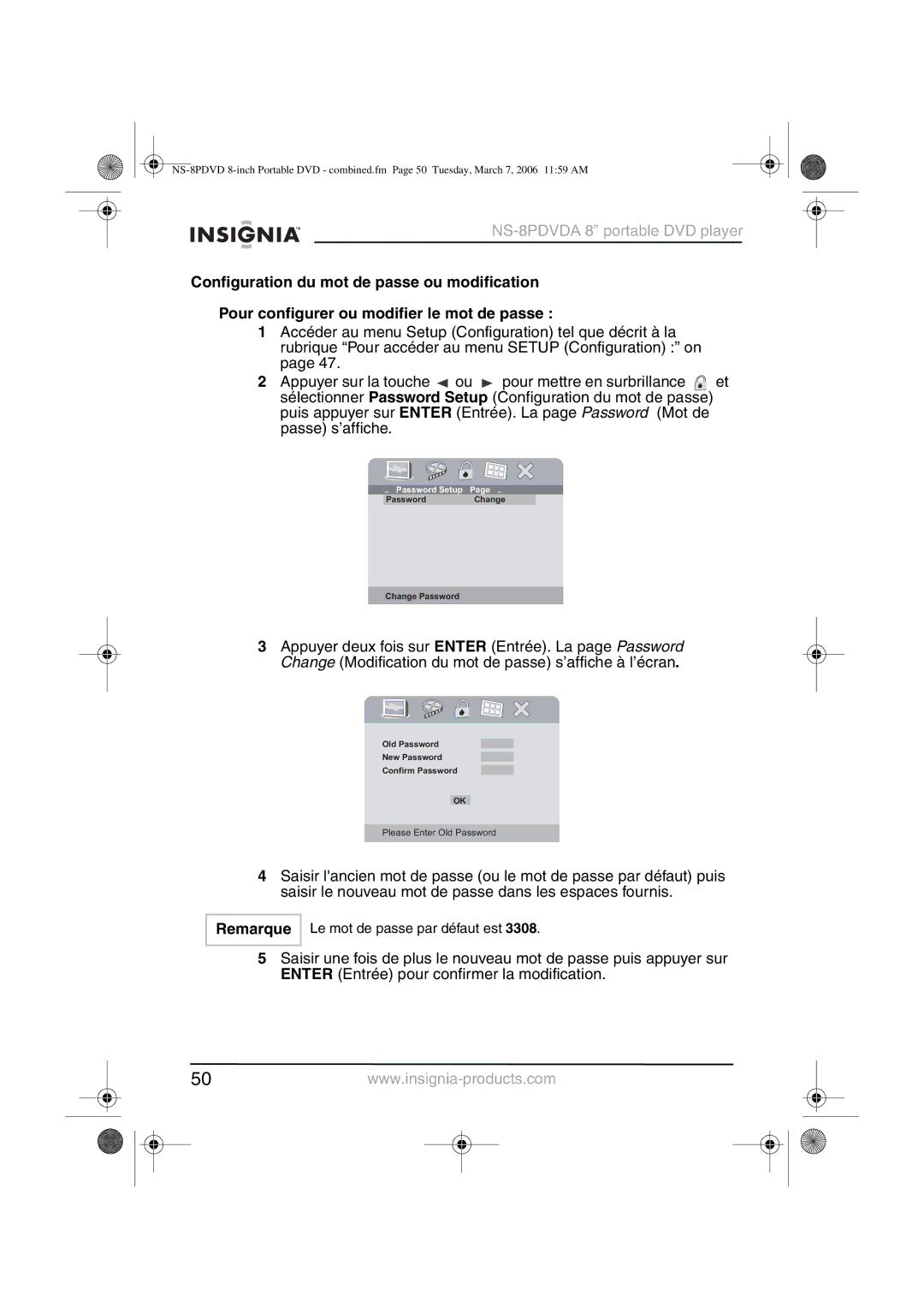 Insignia NS-8PDVDA manual Le mot de passe par défaut est 