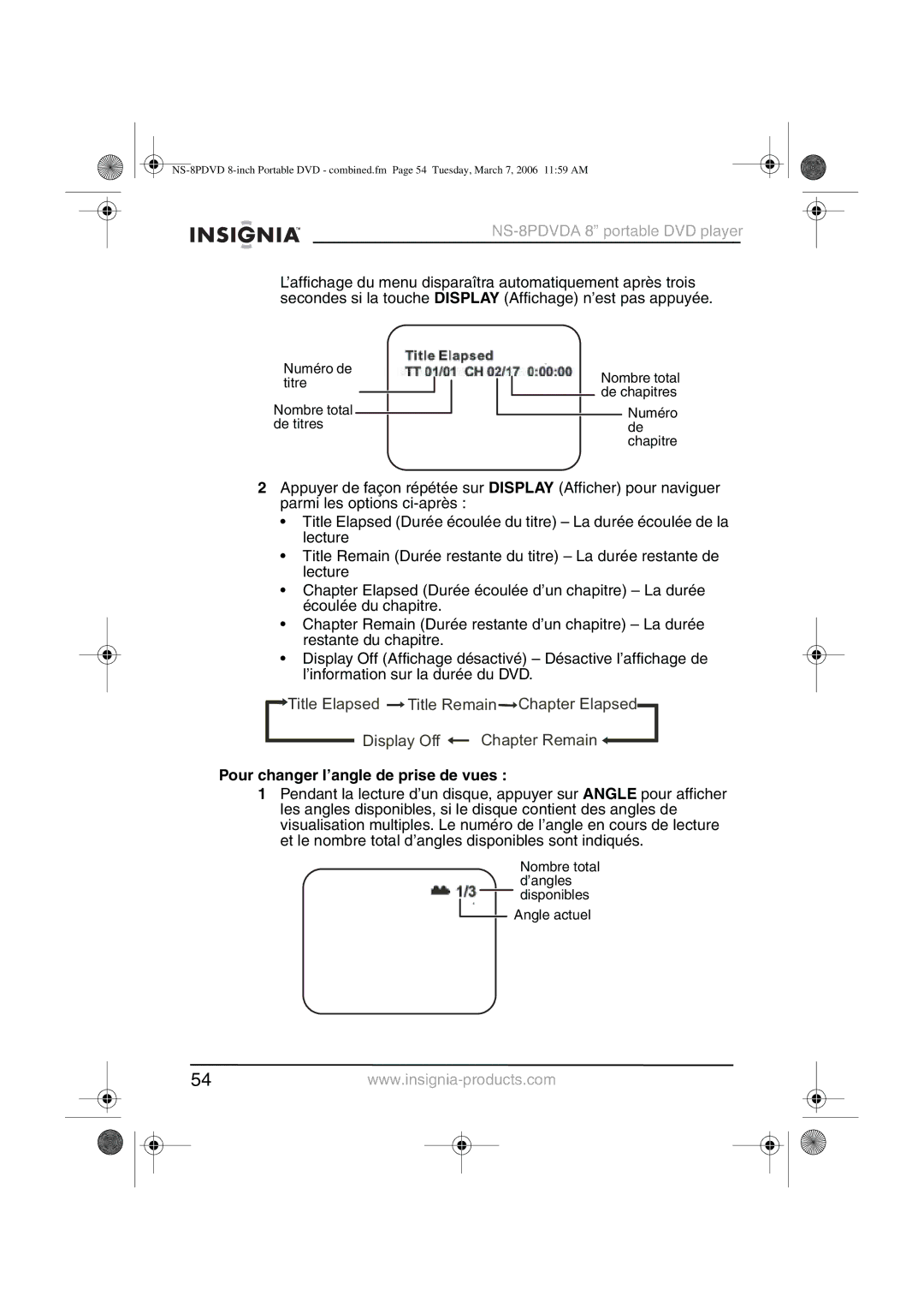 Insignia NS-8PDVDA manual Pour changer l’angle de prise de vues 