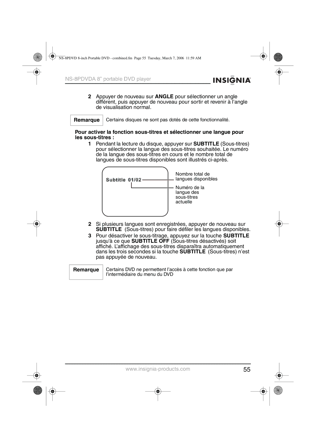 Insignia NS-8PDVDA manual Certains disques ne sont pas dotés de cette fonctionnalité 