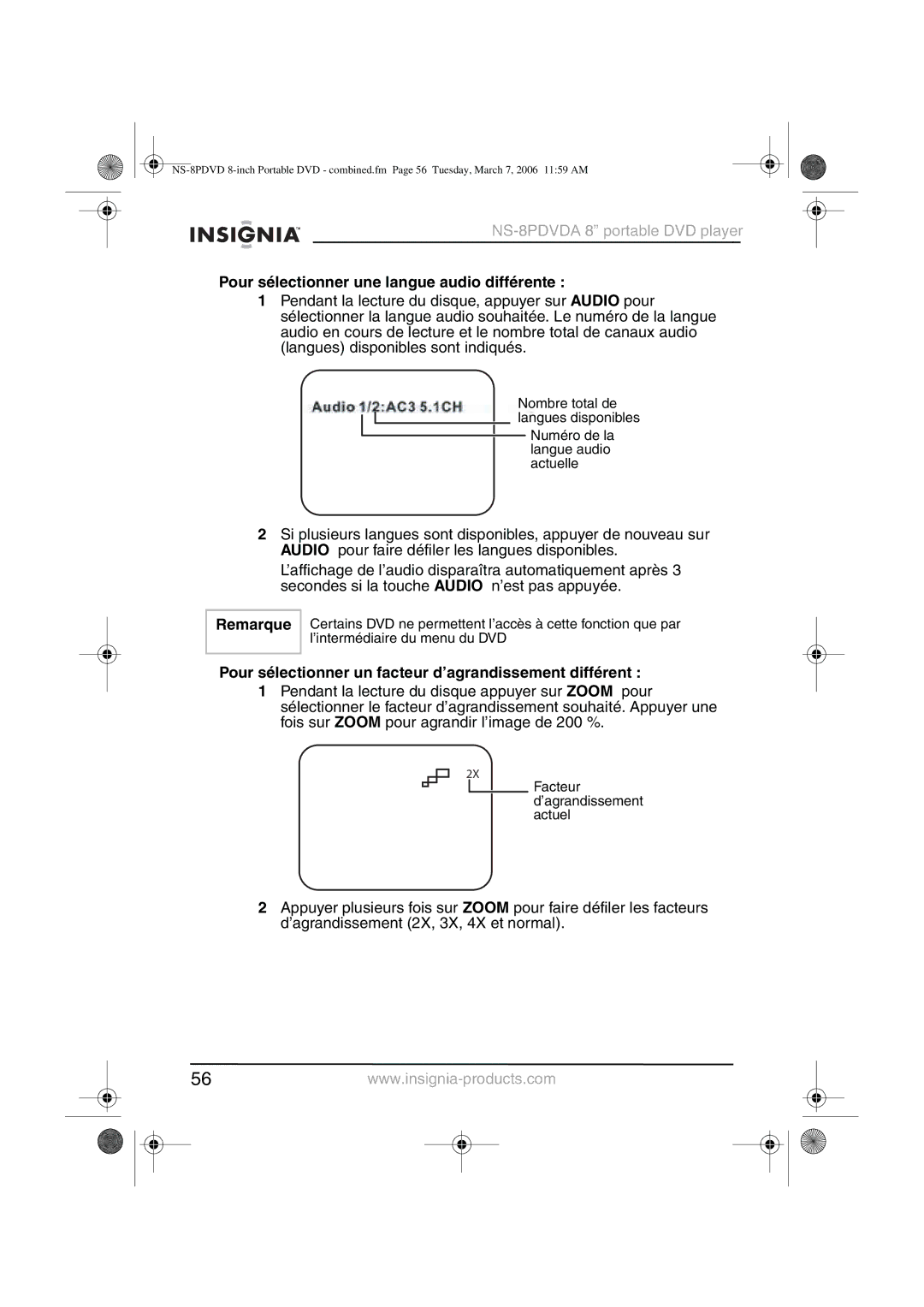 Insignia NS-8PDVDA Pour sélectionner une langue audio différente, Pour sélectionner un facteur d’agrandissement différent 