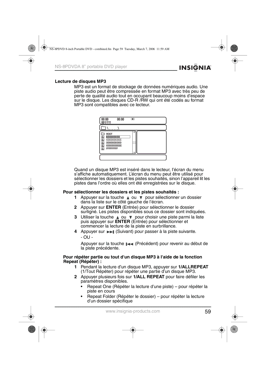 Insignia NS-8PDVDA manual Lecture de disques MP3, Pour sélectionner les dossiers et les pistes souhaités 