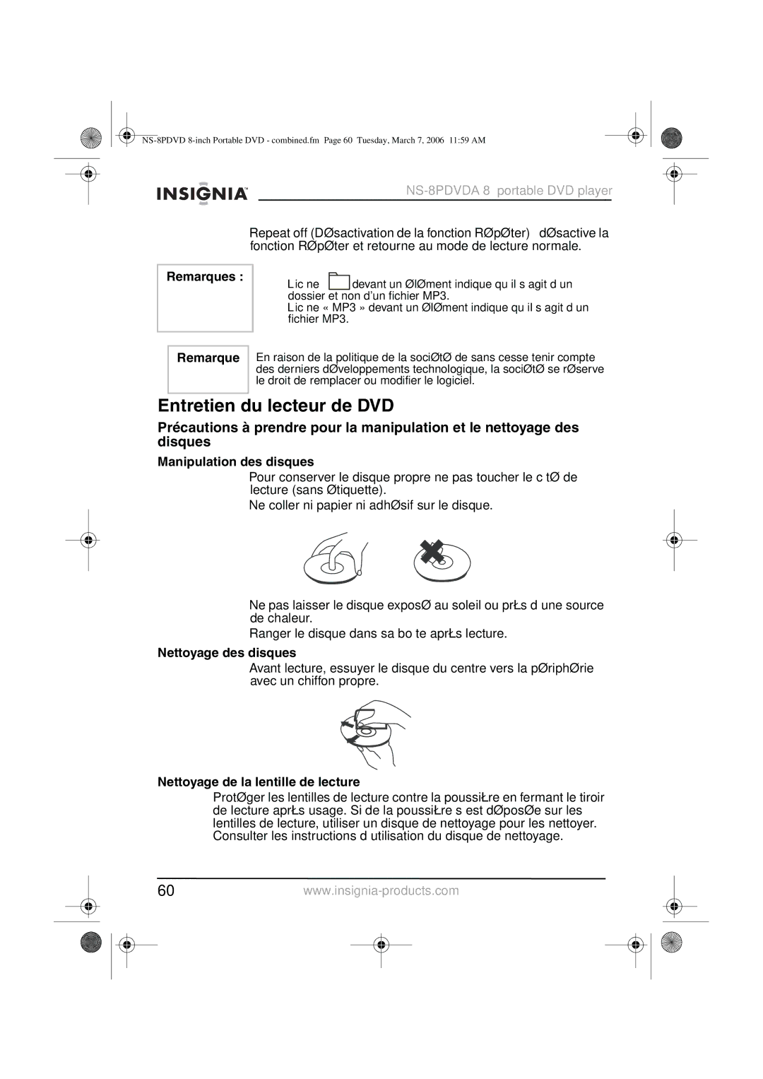 Insignia NS-8PDVDA manual Entretien du lecteur de DVD, Manipulation des disques, Nettoyage des disques 