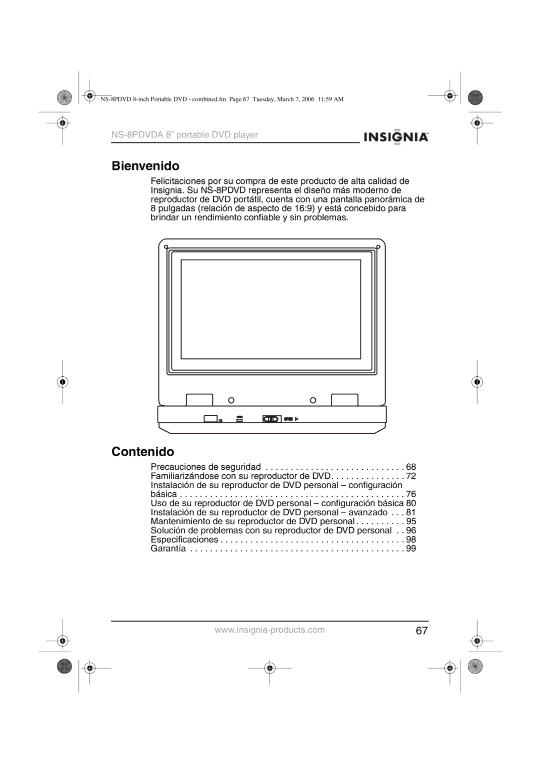 Insignia NS-8PDVDA manual Bienvenido, Contenido 