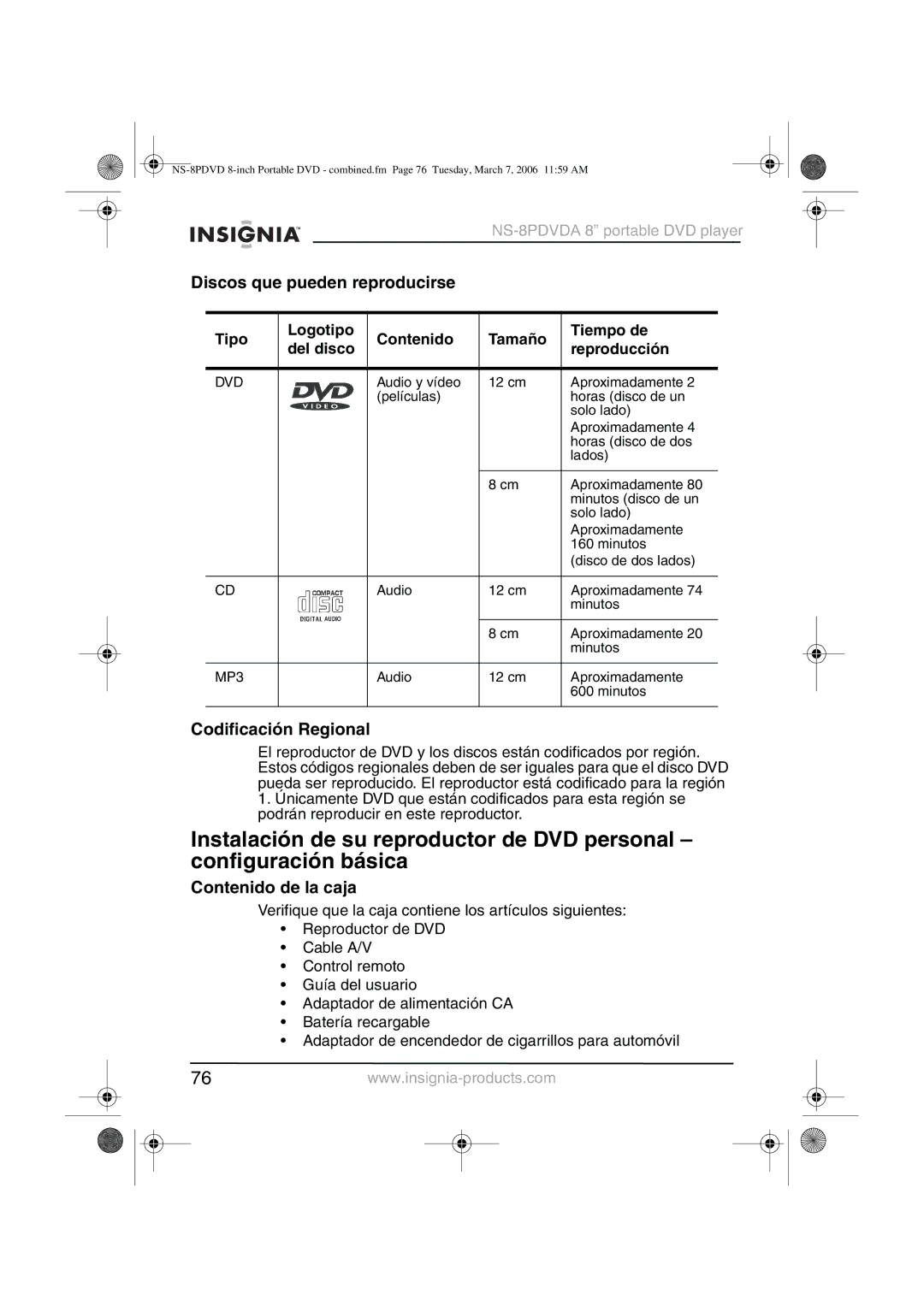 Insignia NS-8PDVDA manual Discos que pueden reproducirse, Codificación Regional, Contenido de la caja 