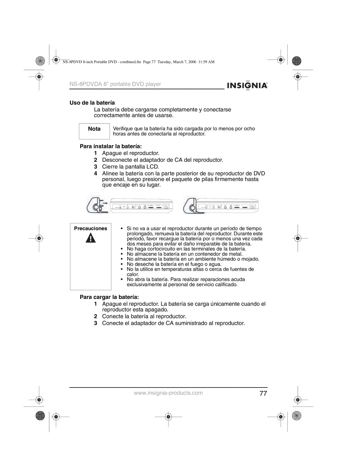 Insignia NS-8PDVDA manual Uso de la batería, Para instalar la batería, Para cargar la batería, Precauciones 