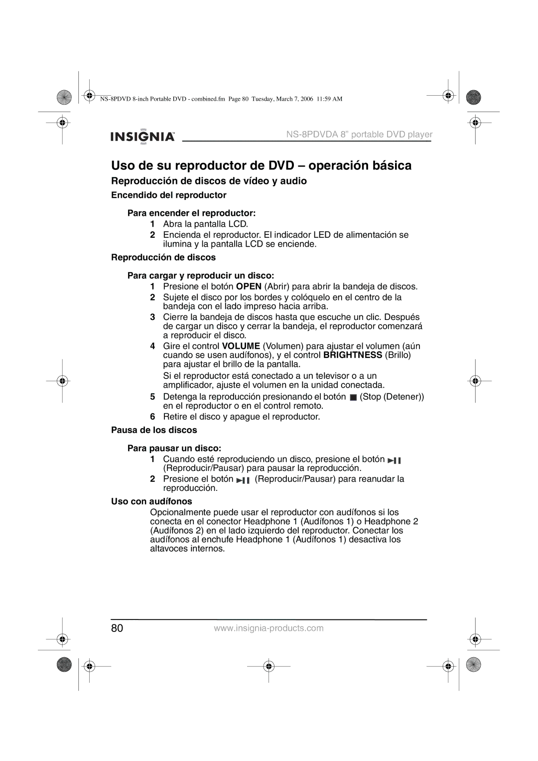 Insignia NS-8PDVDA manual Uso de su reproductor de DVD operación básica, Reproducción de discos de vídeo y audio 