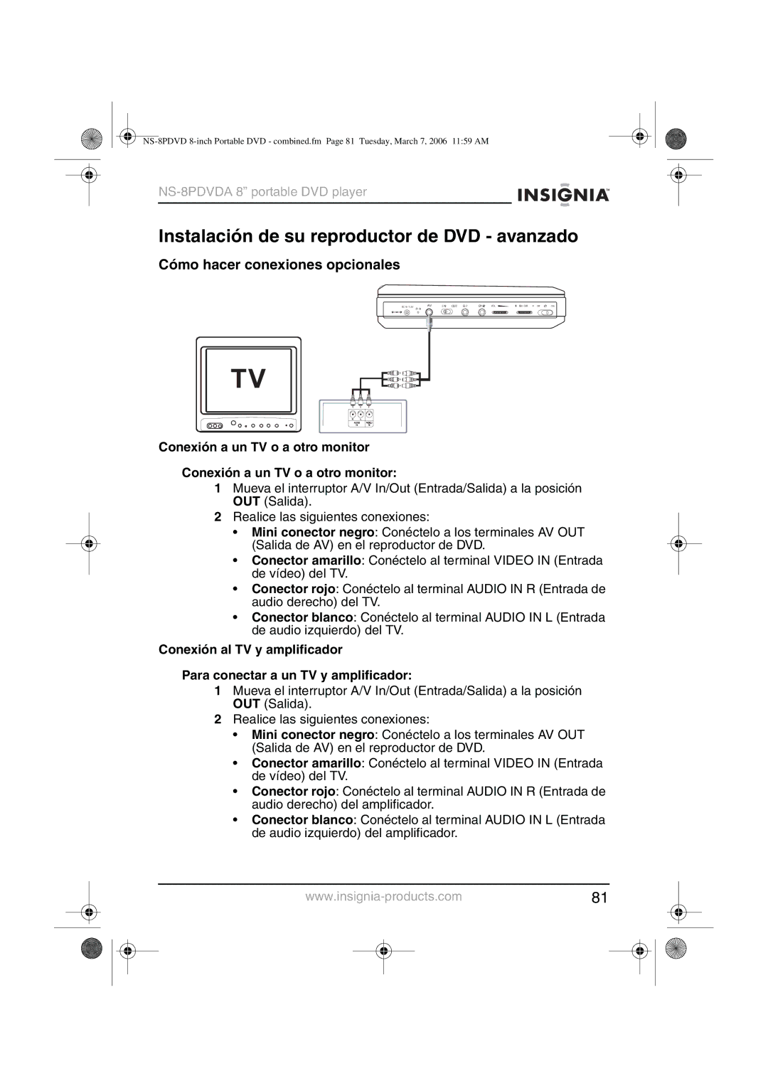 Insignia NS-8PDVDA manual Instalación de su reproductor de DVD avanzado, Cómo hacer conexiones opcionales 