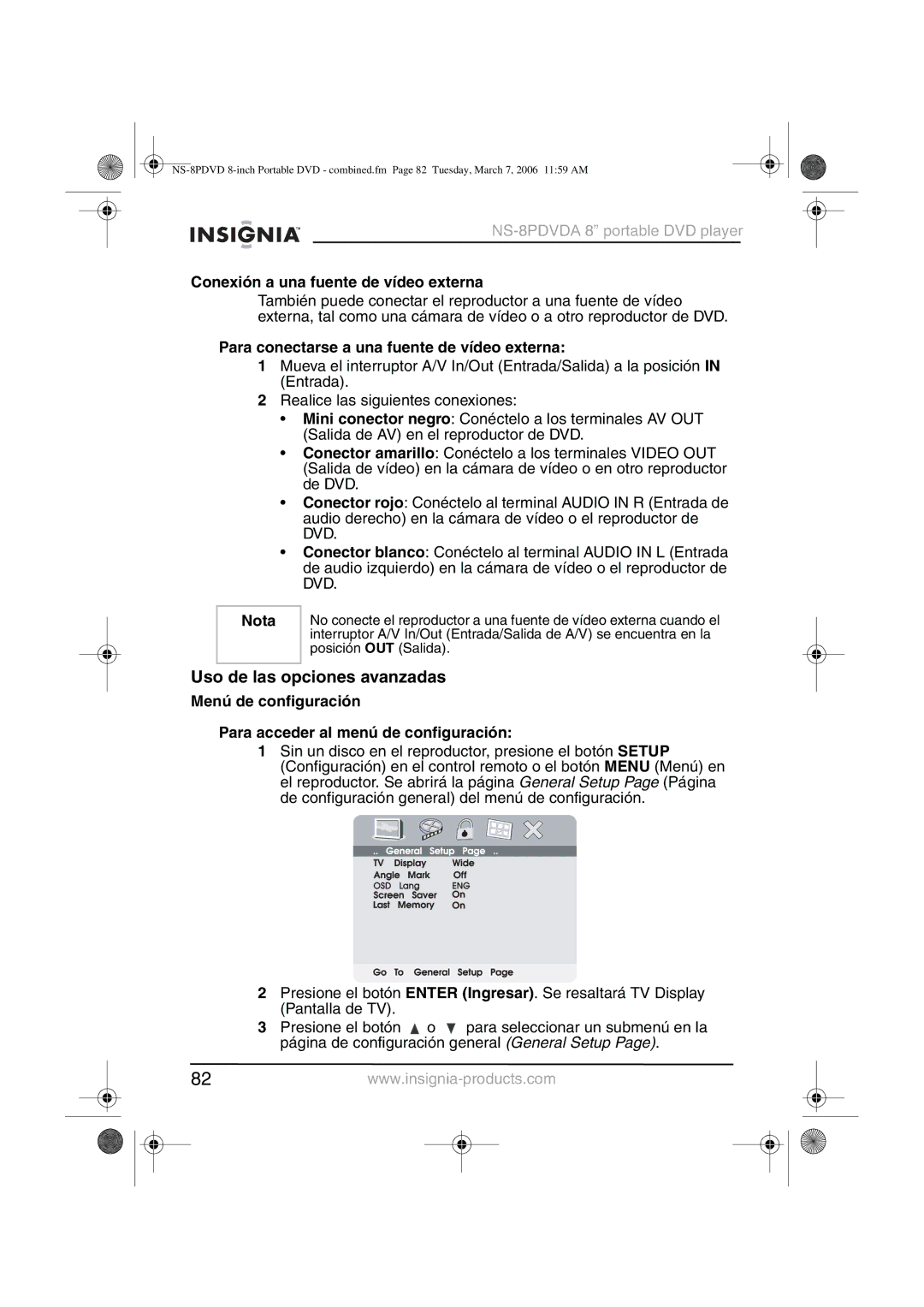 Insignia NS-8PDVDA manual Uso de las opciones avanzadas, Conexión a una fuente de vídeo externa 