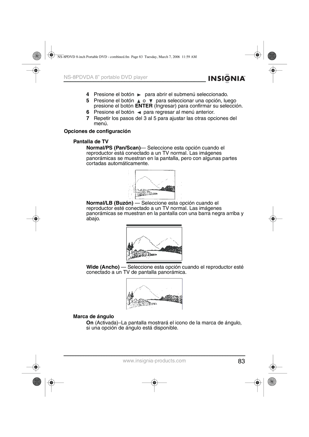 Insignia NS-8PDVDA manual Opciones de configuración Pantalla de TV, Marca de ángulo 