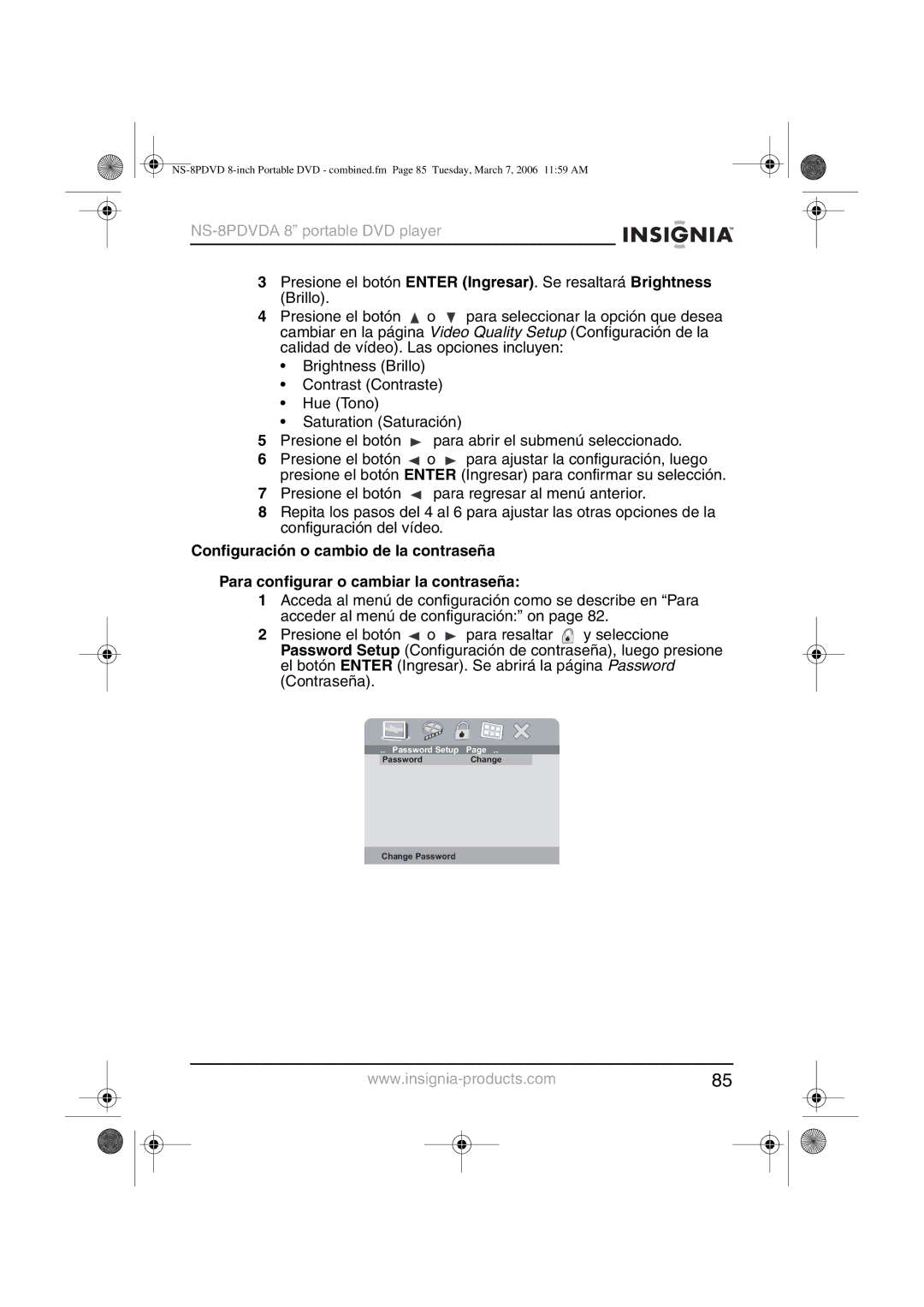 Insignia NS-8PDVDA manual Password Setup 