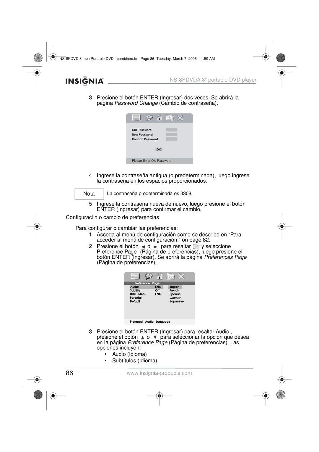 Insignia NS-8PDVDA manual La contraseña predeterminada es 