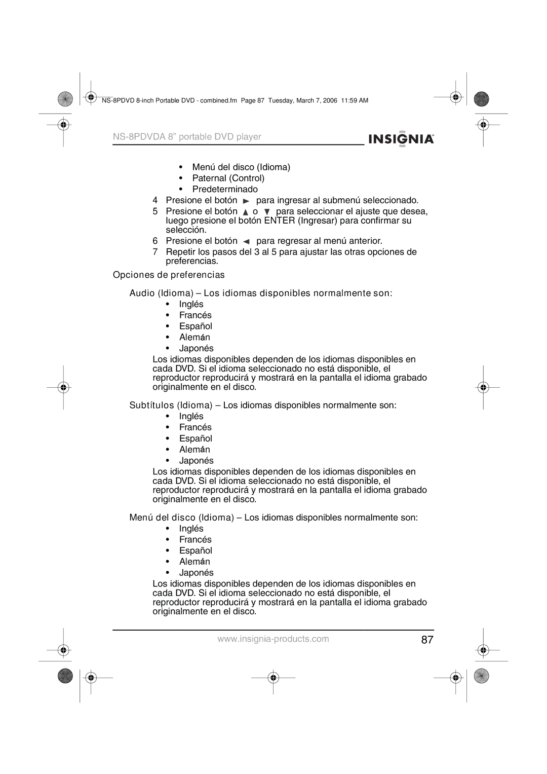 Insignia manual NS-8PDVDA8 portable DVD player 