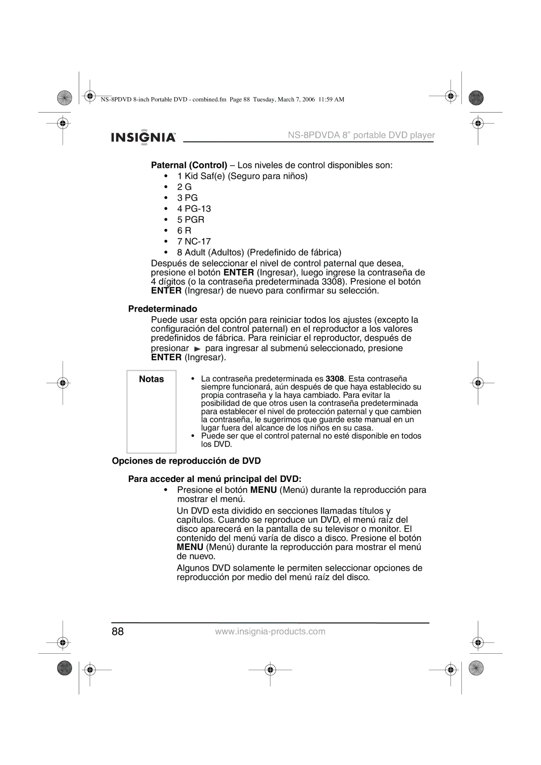 Insignia NS-8PDVDA manual Predeterminado, Notas 