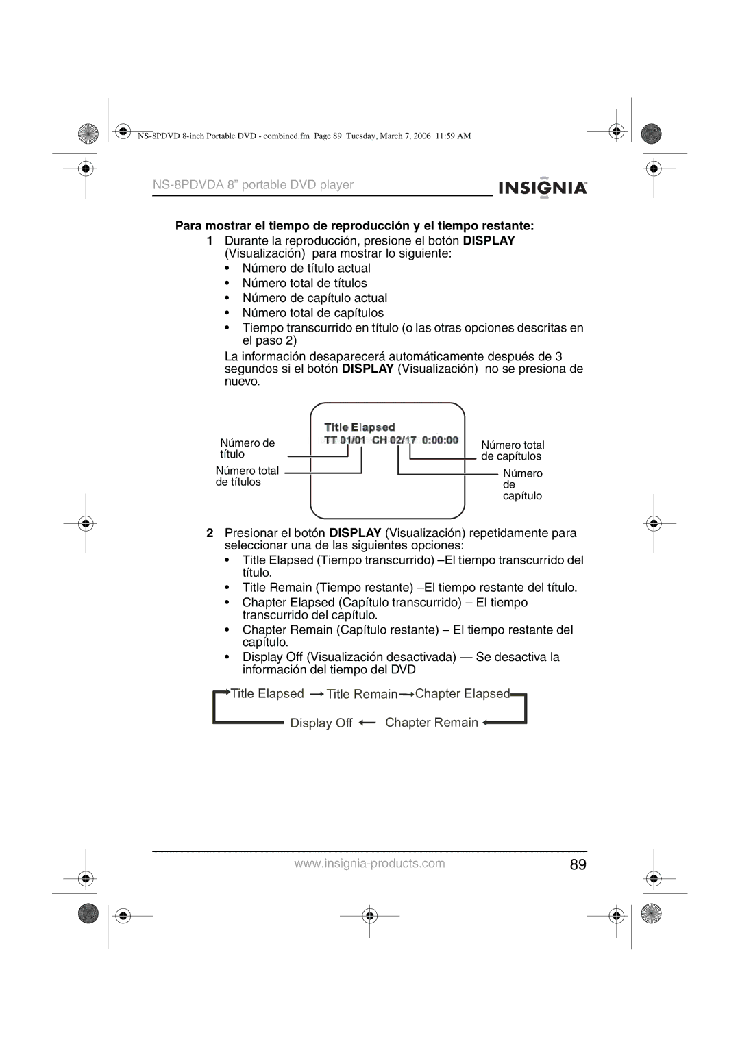 Insignia NS-8PDVDA manual Para mostrar el tiempo de reproducción y el tiempo restante 