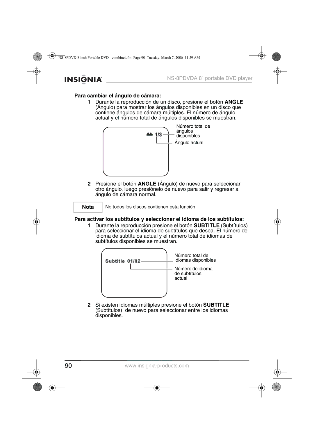 Insignia NS-8PDVDA manual Para cambiar el ángulo de cámara, Nota 