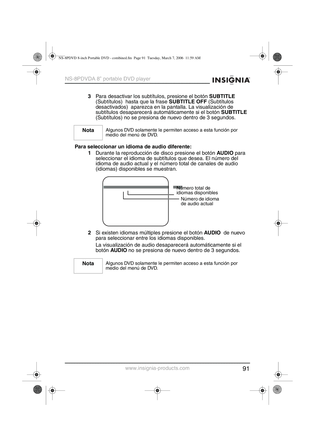 Insignia NS-8PDVDA manual Para seleccionar un idioma de audio diferente 