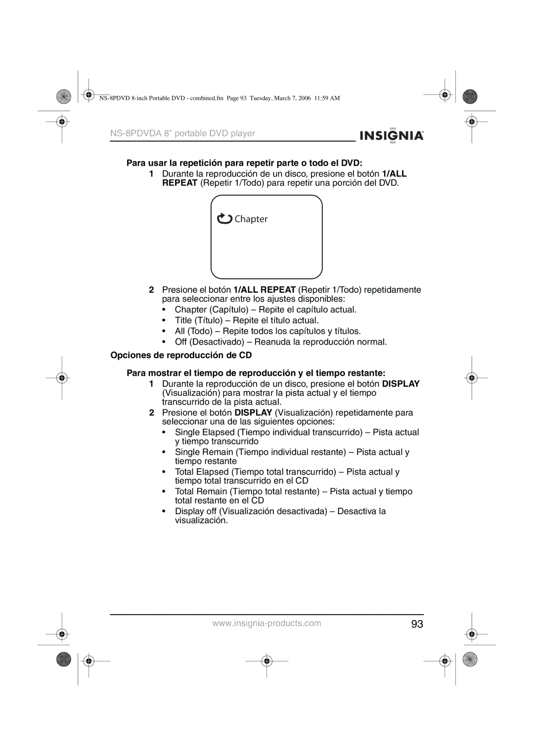 Insignia NS-8PDVDA manual Para usar la repetición para repetir parte o todo el DVD 