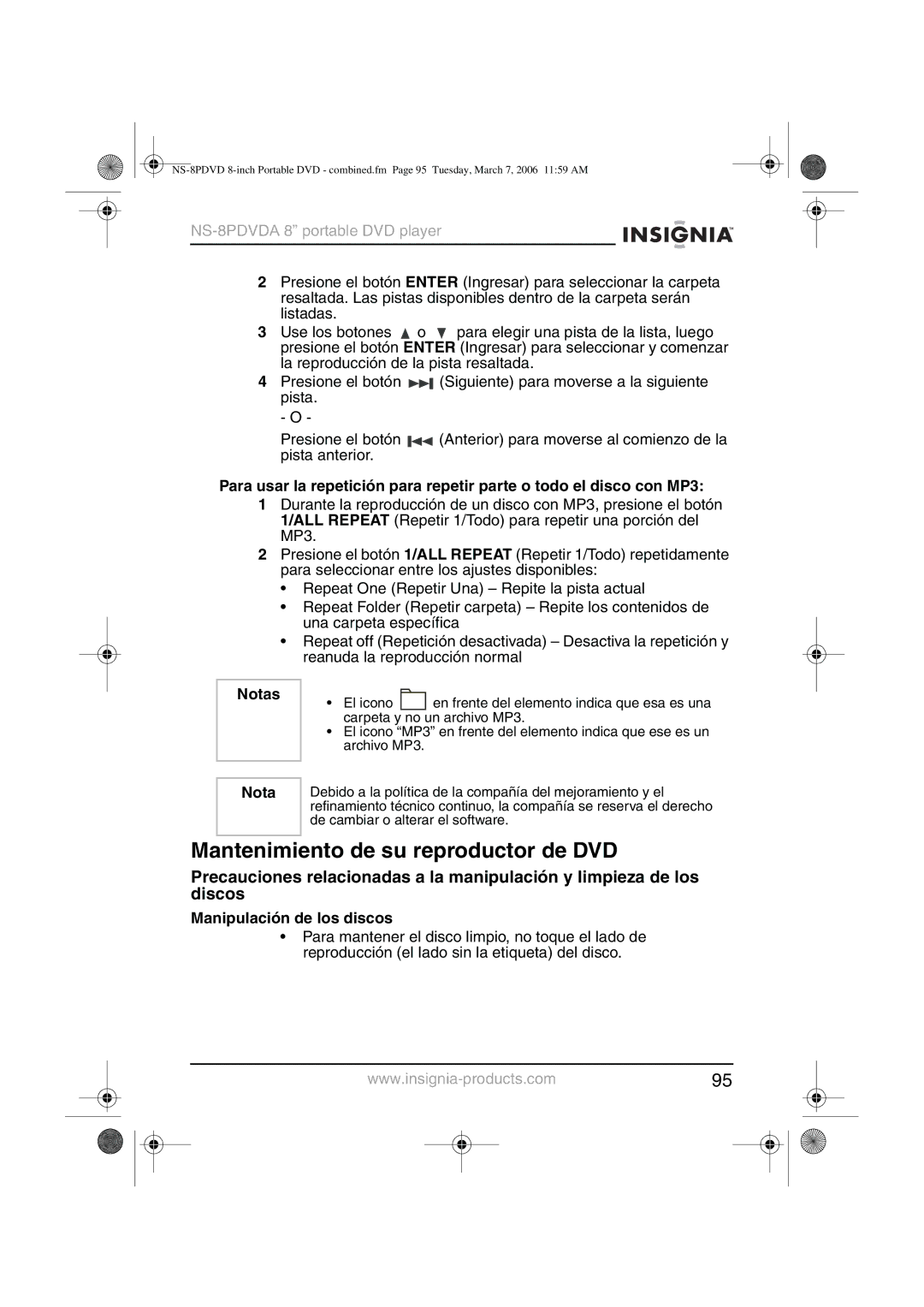 Insignia NS-8PDVDA manual Mantenimiento de su reproductor de DVD, Manipulación de los discos 