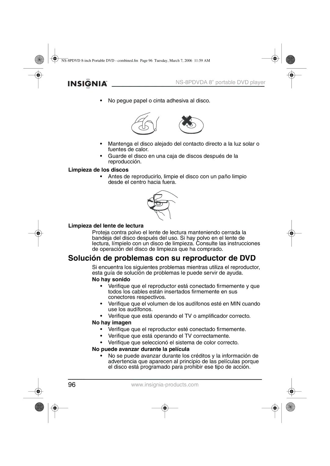 Insignia NS-8PDVDA manual Solución de problemas con su reproductor de DVD 