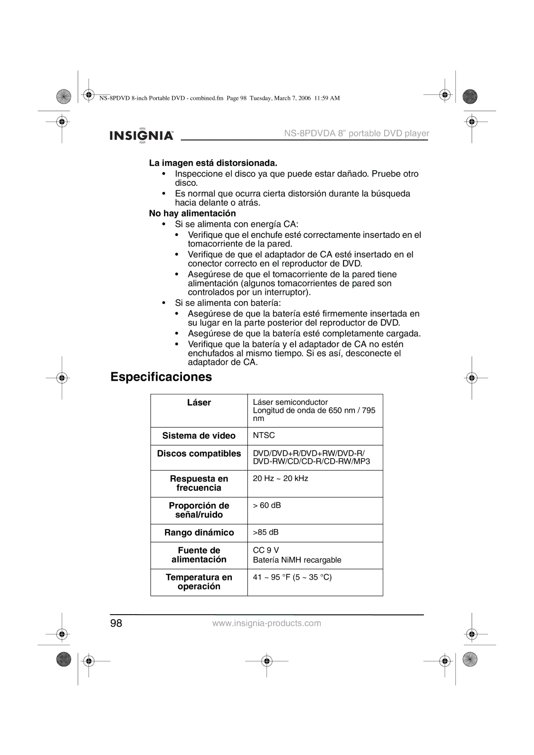 Insignia NS-8PDVDA manual Especificaciones 