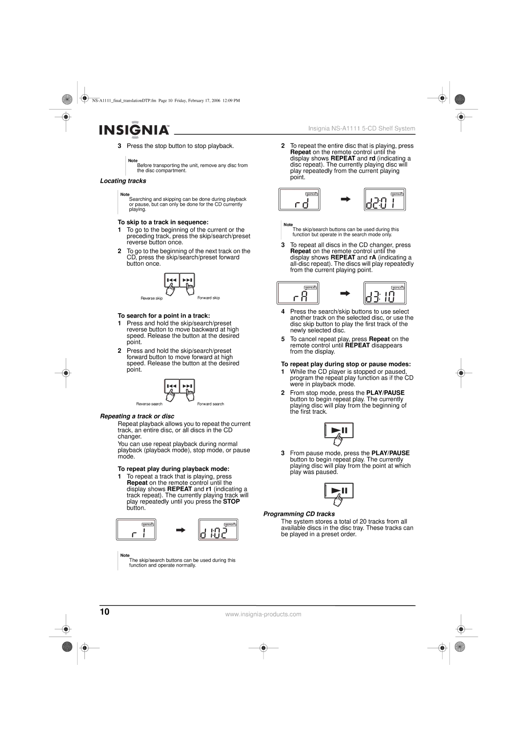 Insignia NS-A1111 manual Locating tracks, Repeating a track or disc, Programming CD tracks 