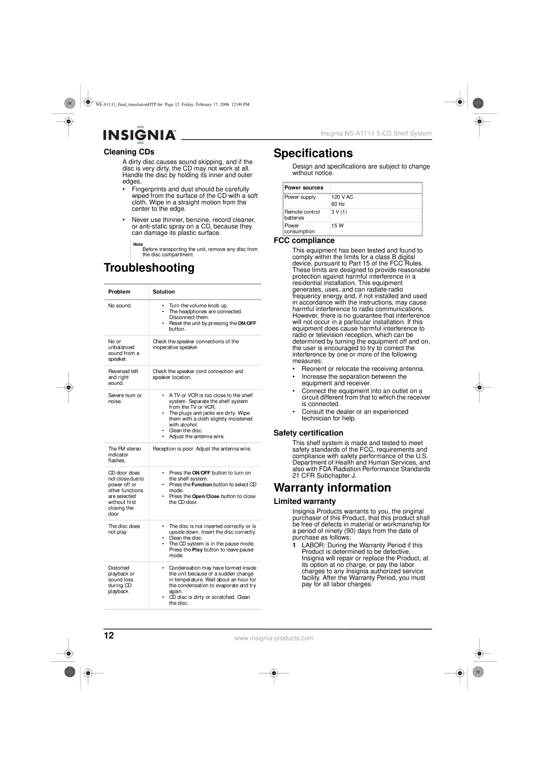 Insignia NS-A1111 manual Specifications, Troubleshooting, Warranty information 