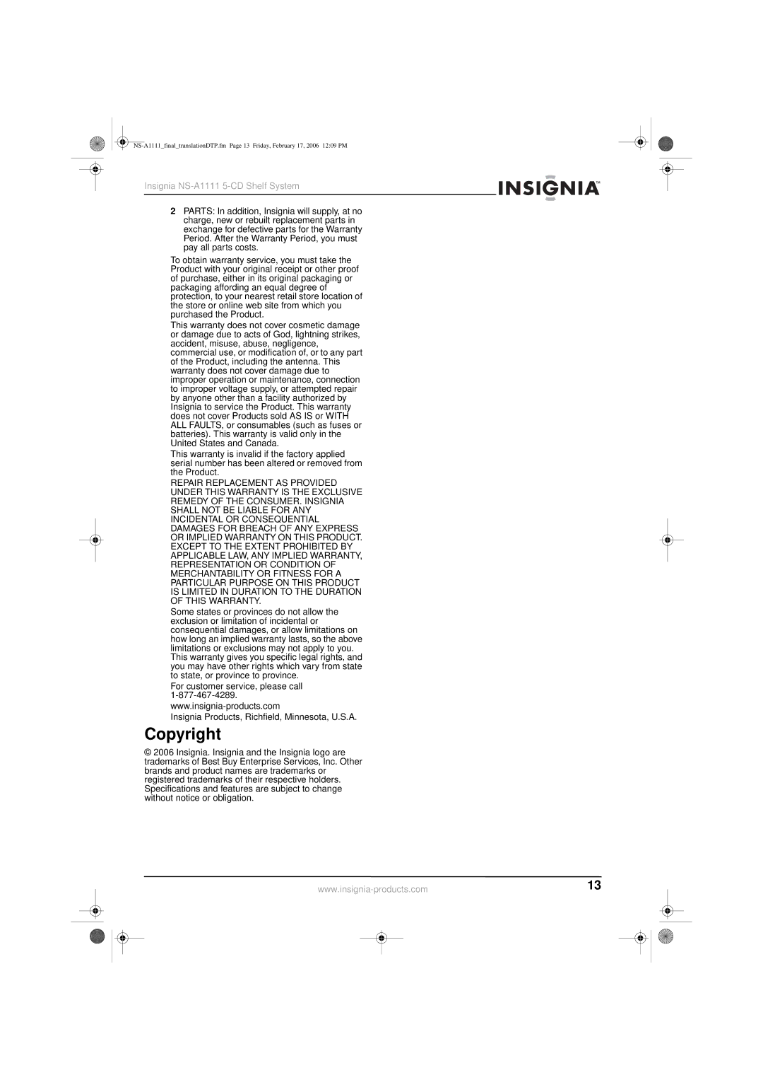 Insignia NS-A1111 manual Copyright 